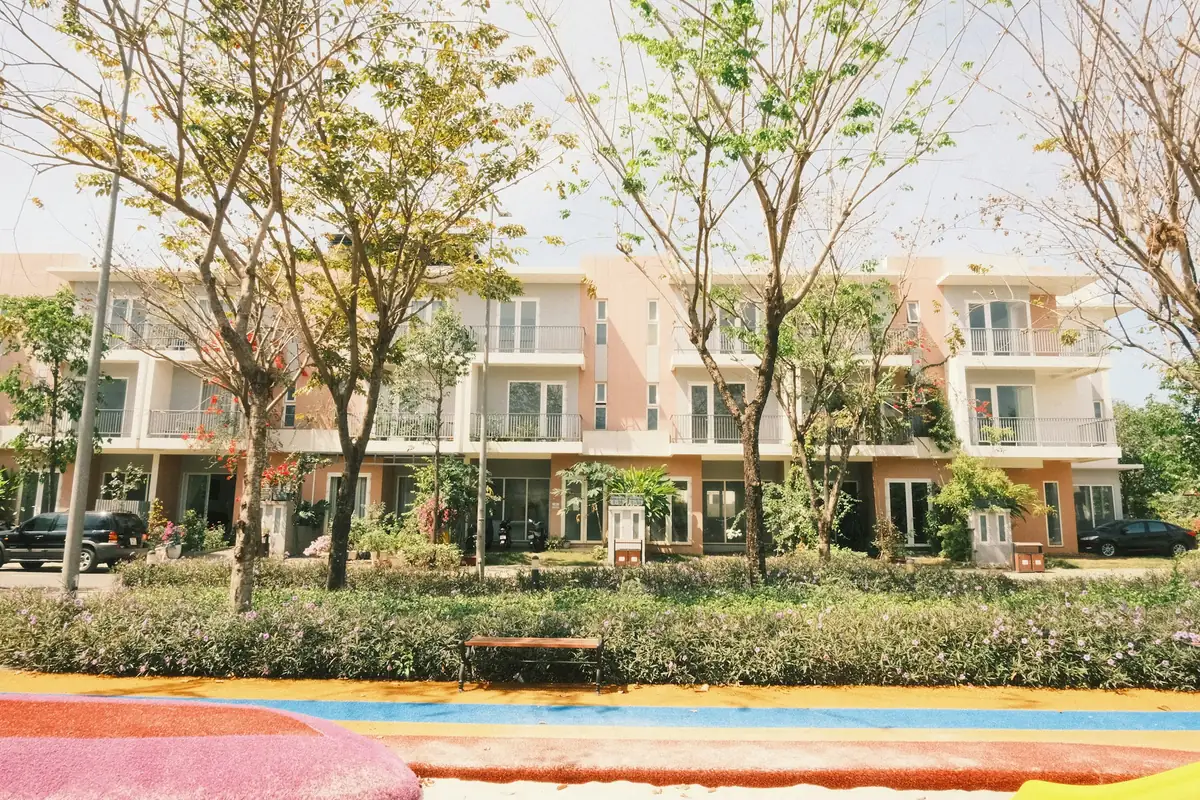 The garden and the low houses behind it